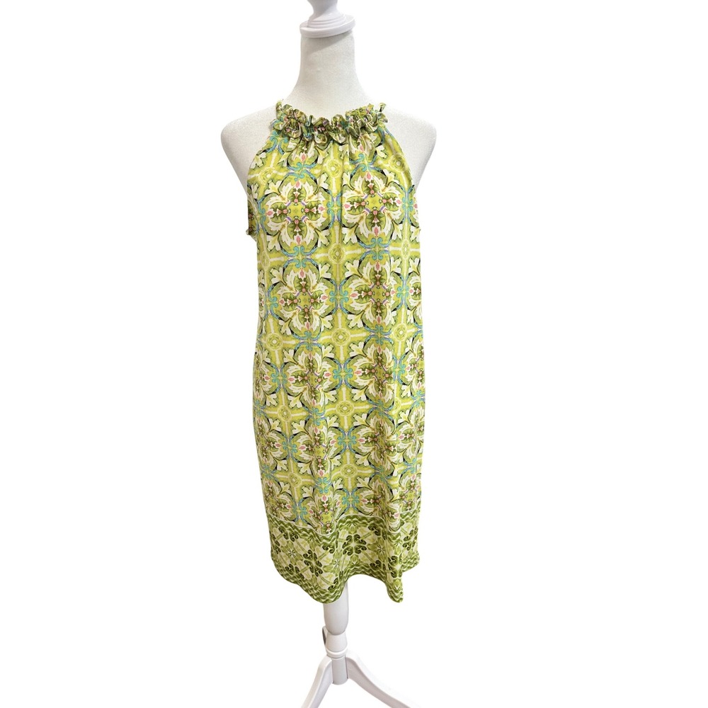London Times Womens Green Damask Floral Ruffle‎ Halter Shift Dress Size 6